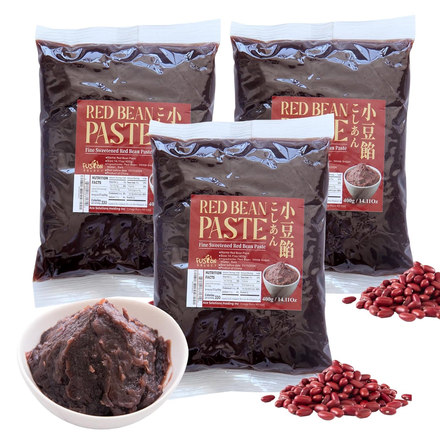 Fusion Select 3 Packs Red Bean Paste - Fine Sweetened Adzuki Bean Paste for Desserts, Buns, Pastry Filling, Mochi - For Chinese, Japanese & Korean Foods - No Additives or Preservatives