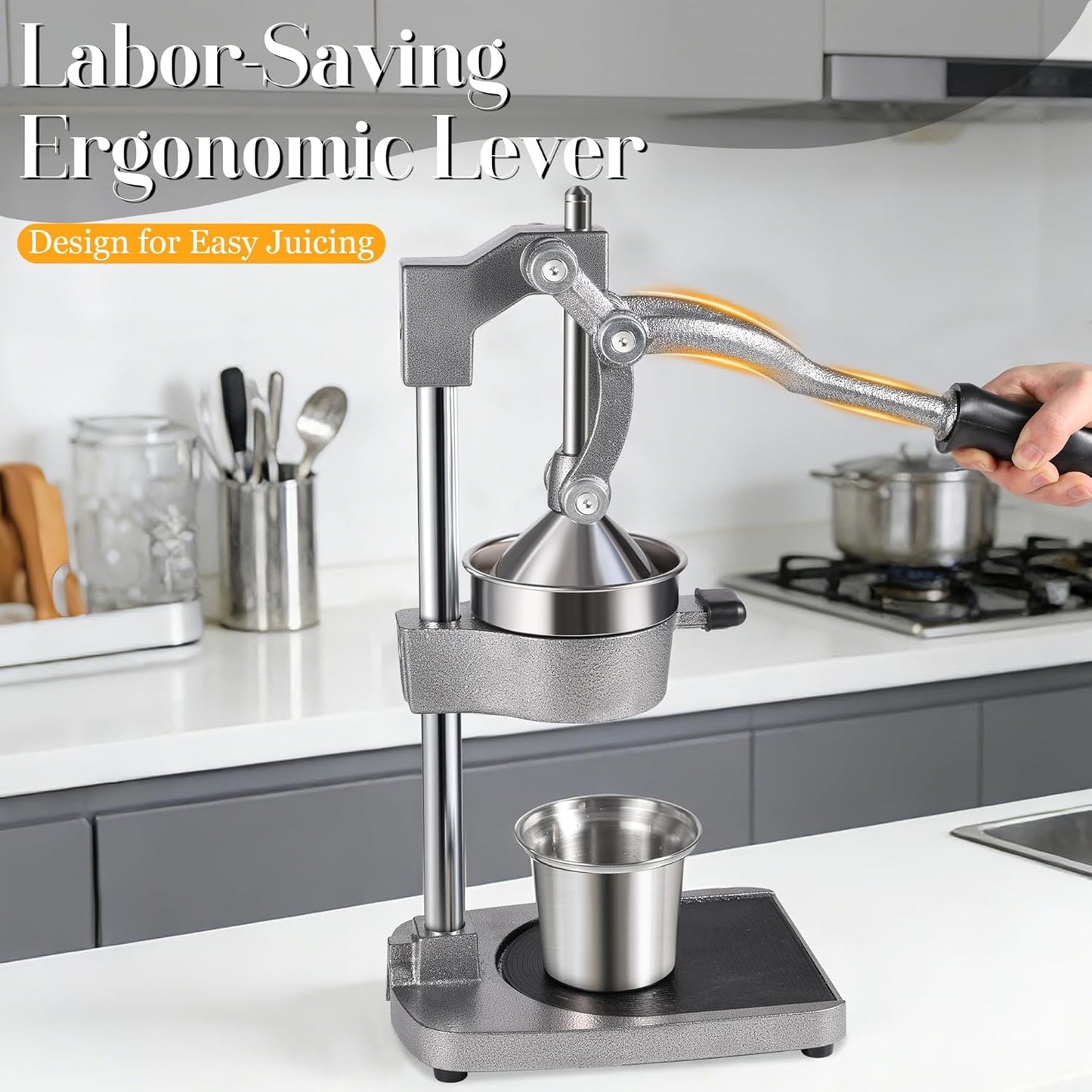 Cast Iron Manual Juicer Hand Press, Lemon Squeezer, Commercial-Grade Citrus Press Suitable for Oranges, Lemons, Limes, and Pomegranates Easy to Clean Includes Stainless Steel Cup, Black