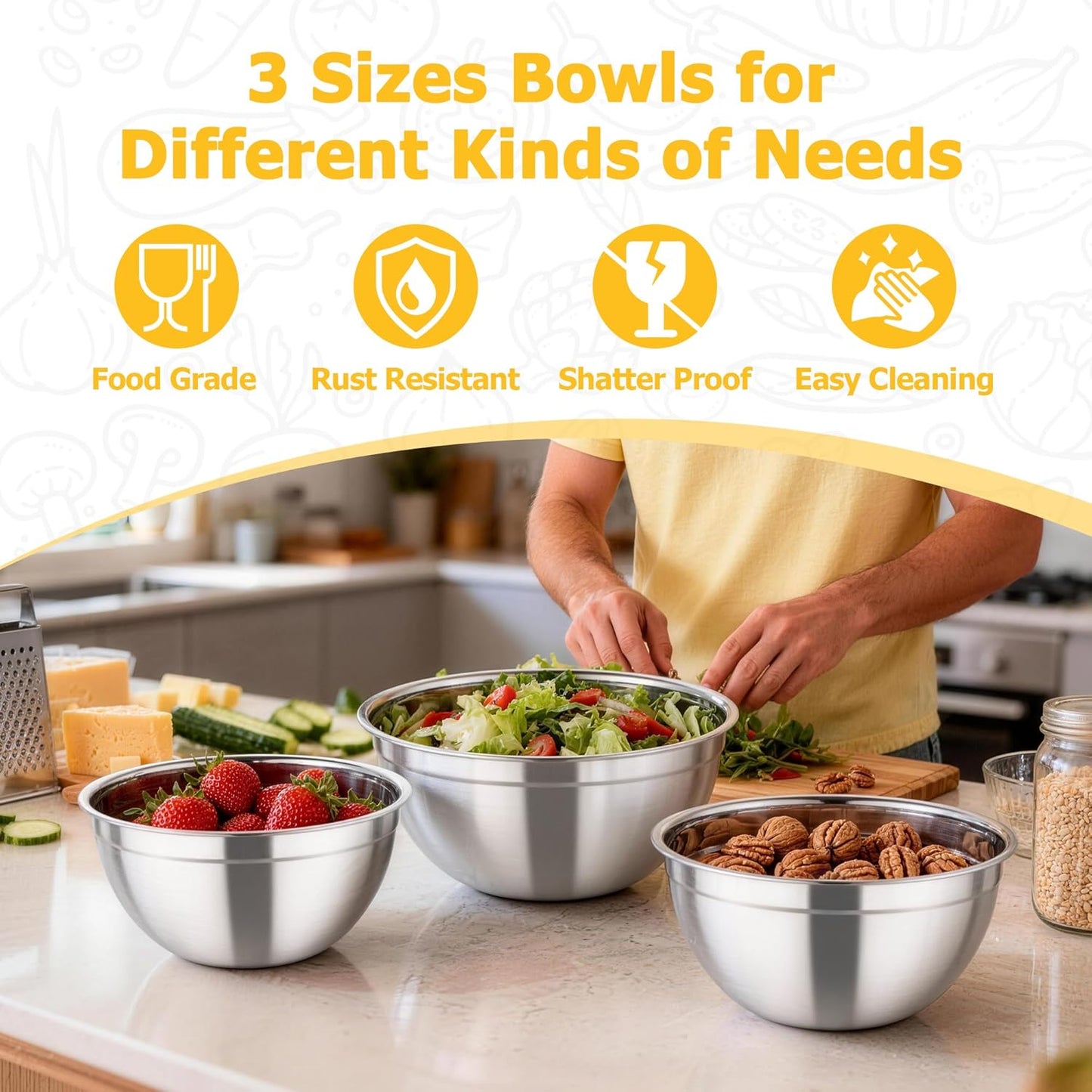 TeamFar Mixing Bowls with Lids, 4.5/3/1.5 QT Stainless Steel Nesting Salad Bowls with Airtight Lids, For Serving/Mixing/Storing/Prepping, Healthy & Sturdy, Visible & Easy Clean, Khaki, Set of 3