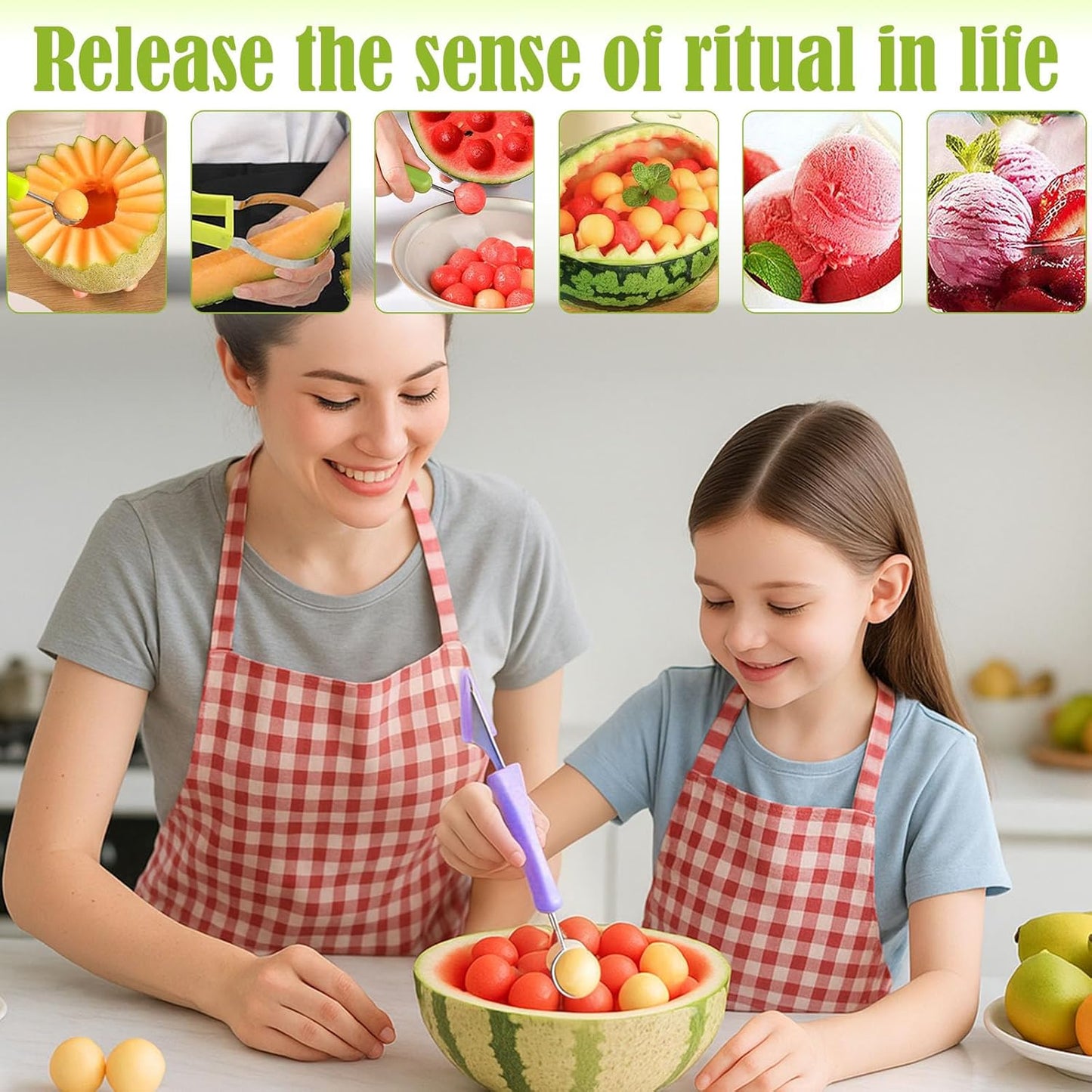 Suuker Melon Baller Scoop Set,4 In 1 fruit cutters shapes, watermelon scooper fruit scooper and baller, fruit carving tools（Green）