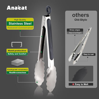 Anaeat Non-Stick Silicone Locking Tong Set of 3 - Stainless Steel 7", 9", 12" Kitchen Food Tongs with Non-Slip Silicone Tips and Grip for Cooking, Baking and BBQ - Heat Resistant up to 480°F (Black)