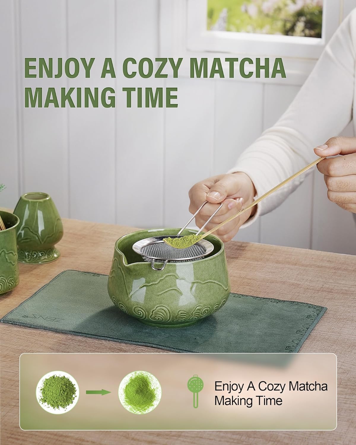 ZENS Pink Matcha Set, Matcha Whisk Set Includes 15oz Ceramic Bowl & (Chasen Holder), Bamboo Whisk & Scoop, Sifter and Pink Tea Towel, 6pcs Matcha Kit for Matcha Lovers