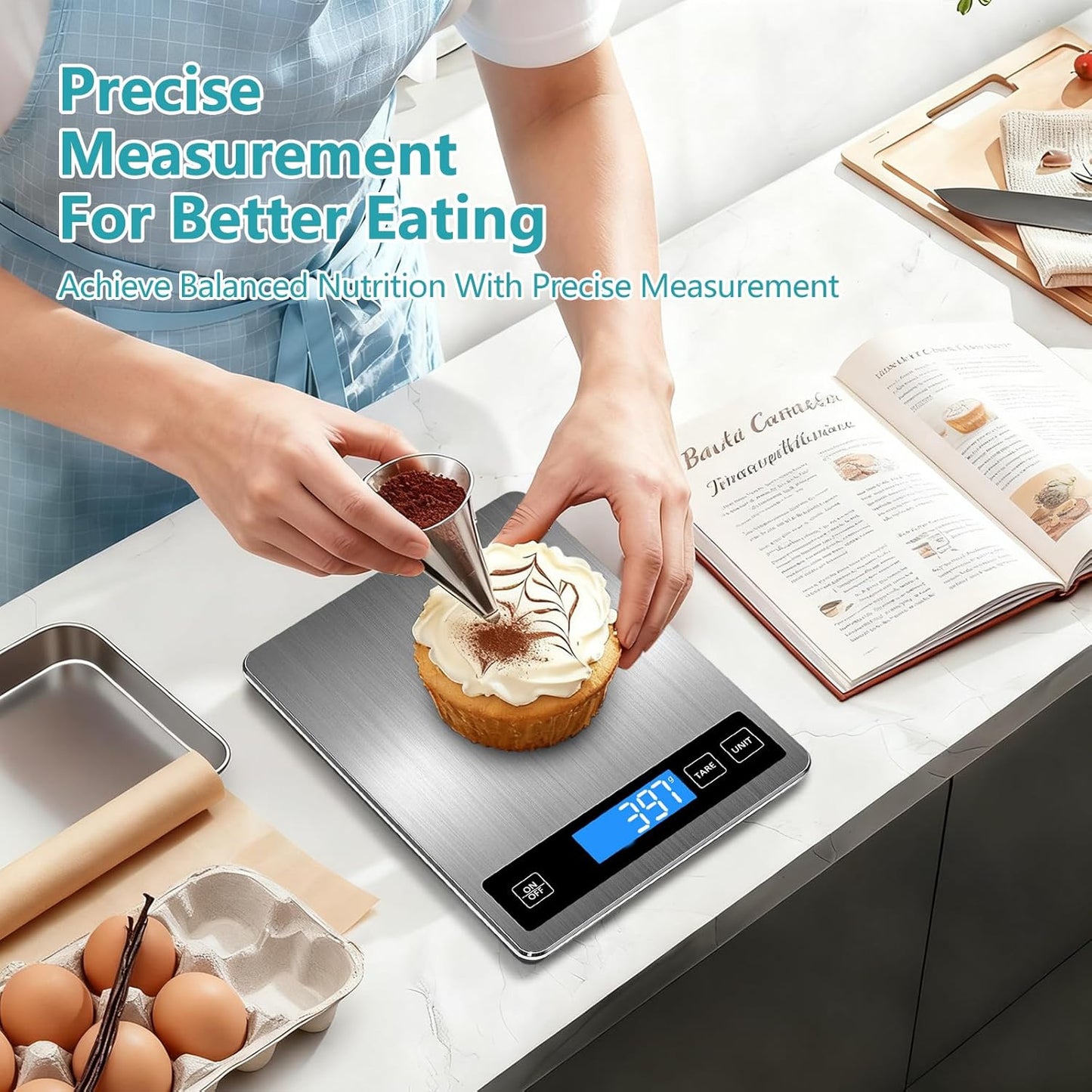 Food Kitchen Scale, Digital Food Scale 33lb Digital Kitchen Scale Precisely Measures Grams and Ounces for Meal Prep Baking and Cooking, Rechargeable 304 Stainless Steel Kitchen Scale LCD Display