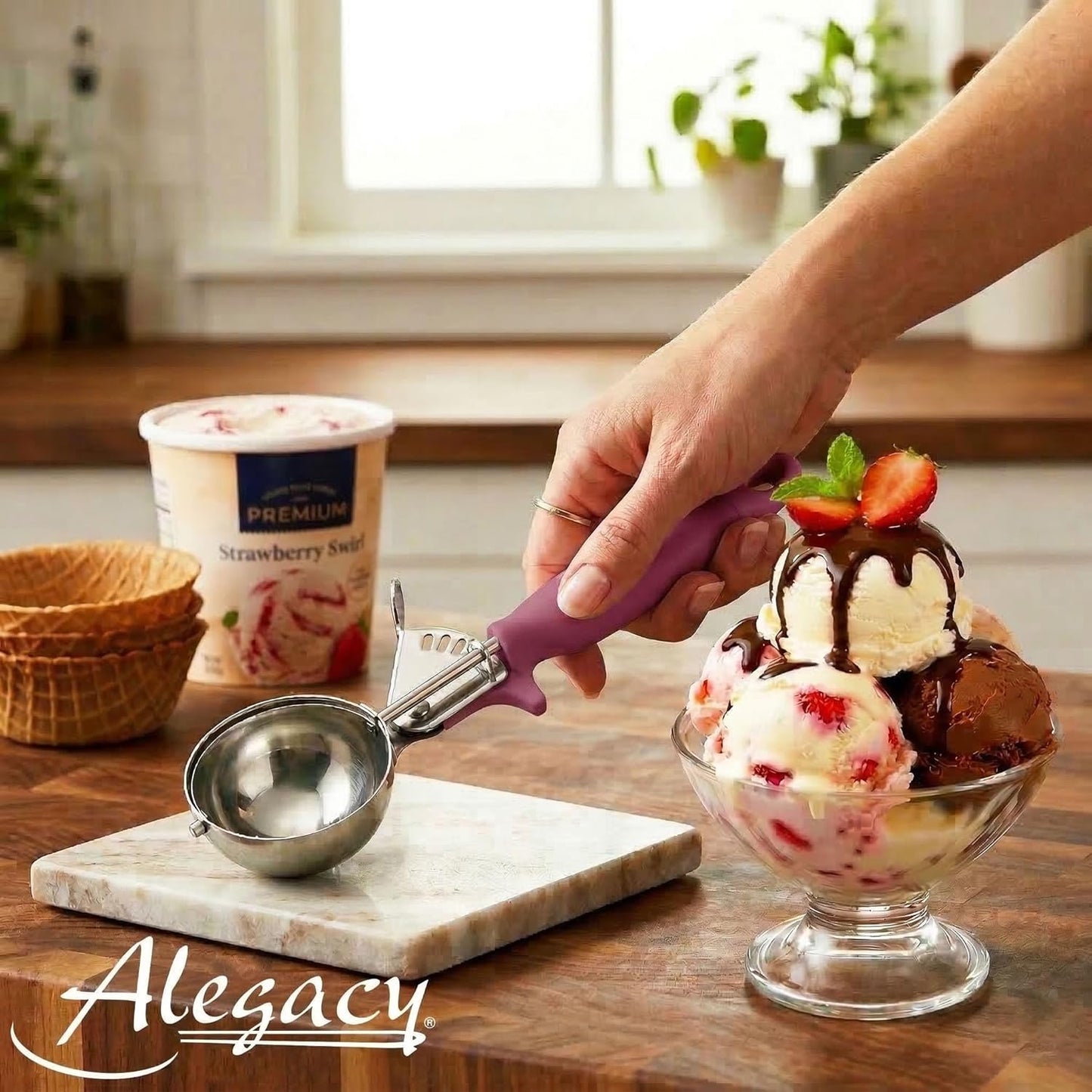 Alegacy Ice Cream Scoop Disher 7/8 oz – Stainless Steel Commercial Ice Cream Scooper with Ergonomic Black Handle – Heavy Duty Trigger Release Portion Scoop for Ice Cream, Gelato | AL13040