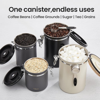 Veken Coffee Canister, Airtight Stainless Steel Kitchen Food Storage Container with Date Tracker and Scoop for Beans, Grounds, Tea, Flour, Cereal, Sugar, Cookie, 16OZ, Cream