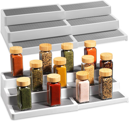 Oizeir 3–Tier Expandable Plastic Spice Rack - Adjustable Length, Stability with Non-Skid Shelf, Three Tiers for Easy Visibility, Organizer for Kitchen Cabinet, Pantry or Countertop, White/Grey