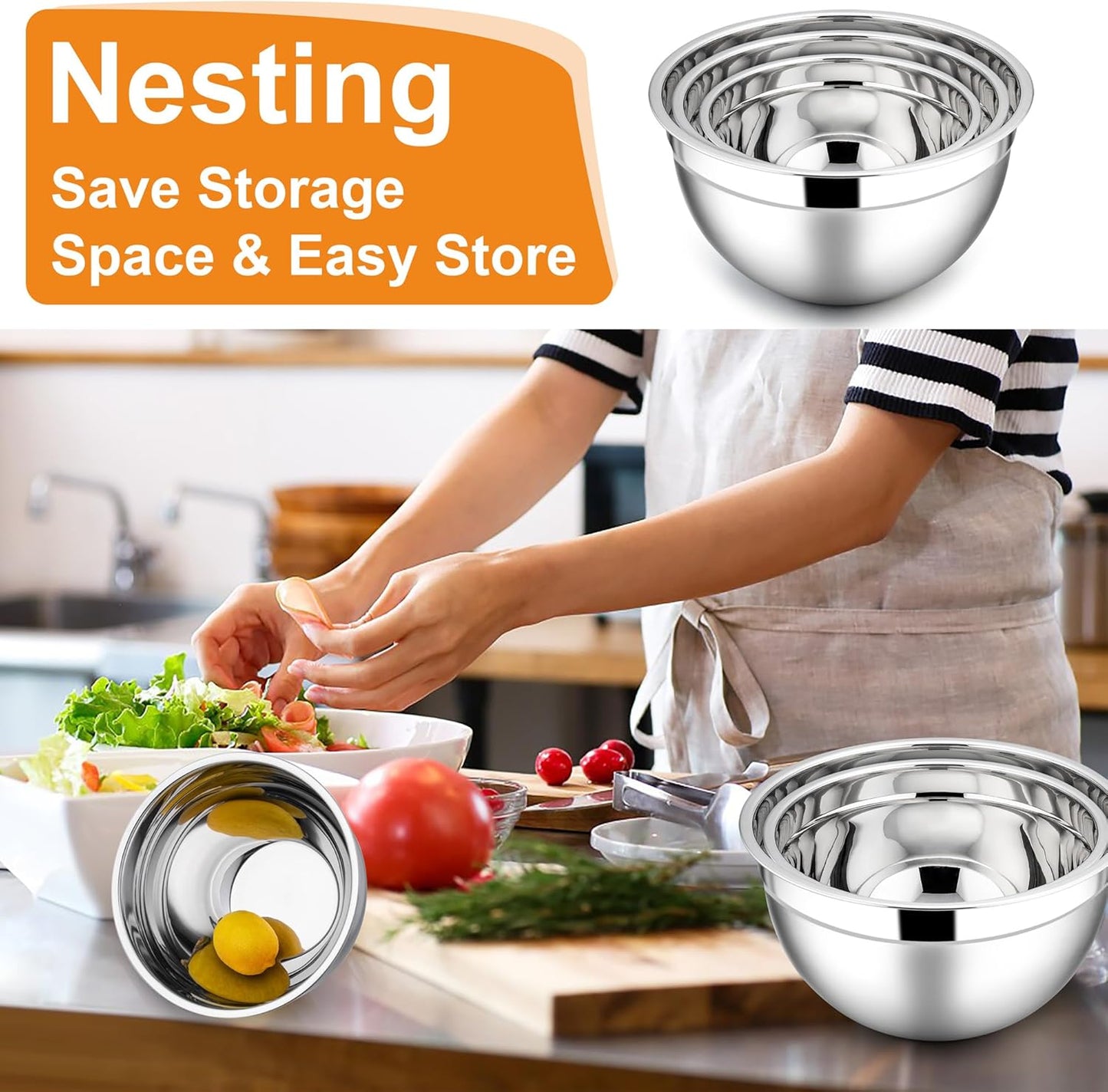 E-far Mixing Bowls with Lids, 6-Piece Stainless Steel Salad Bowls Metal Nesting Bowls for Baking Cooking and Prepping, Airtight Lids & Stackable Design, Size 4.5, 3, 1.5 QT (Black)