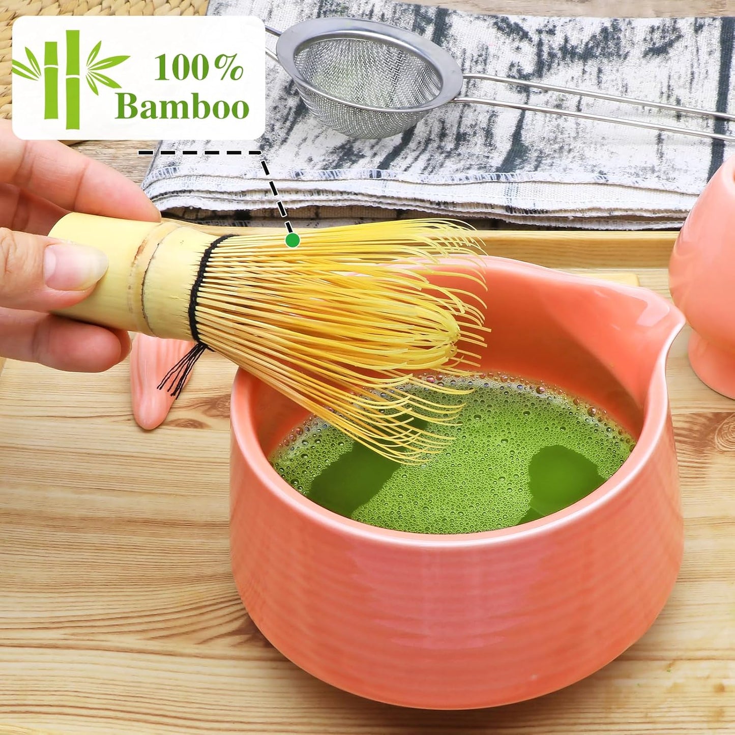 Accguan Matcha Whisk Set, 7pcs - Bamboo & Ceramic, Includes 19 oz Bowl, Whisk, Spoons, Holder, Sifter & More - Perfect for Matcha Lovers