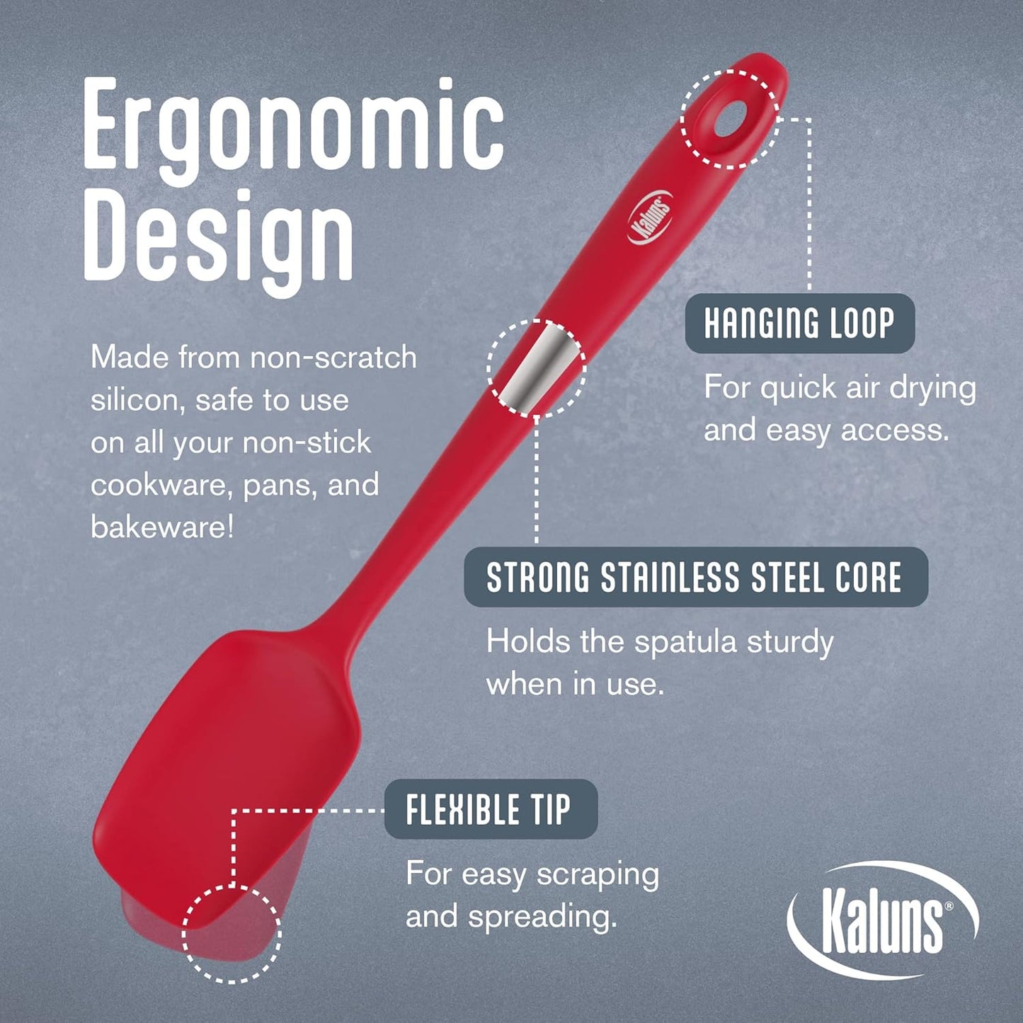 Kaluns Silicone Spatula Set, 4 Rubber Spatulas 600°F Heat Resistant, Nonstick Seamless Design with Stainless Steel Core, Dishwasher Safe, BPA free, Bonus Tongs Included