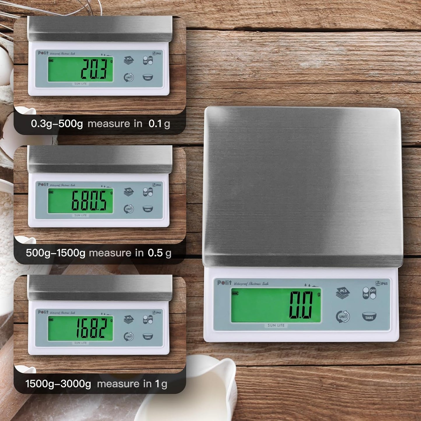 Polit Digital Kitchen Scale KT-66 30lb/13kg｜0.05oz/1g Precision Food Scale with LCD Display｜Battery or Plug-in｜Stainless Steel Top｜Grams, Ounces, Pounds｜5 Units for Baking, Farming & Shipping Scale