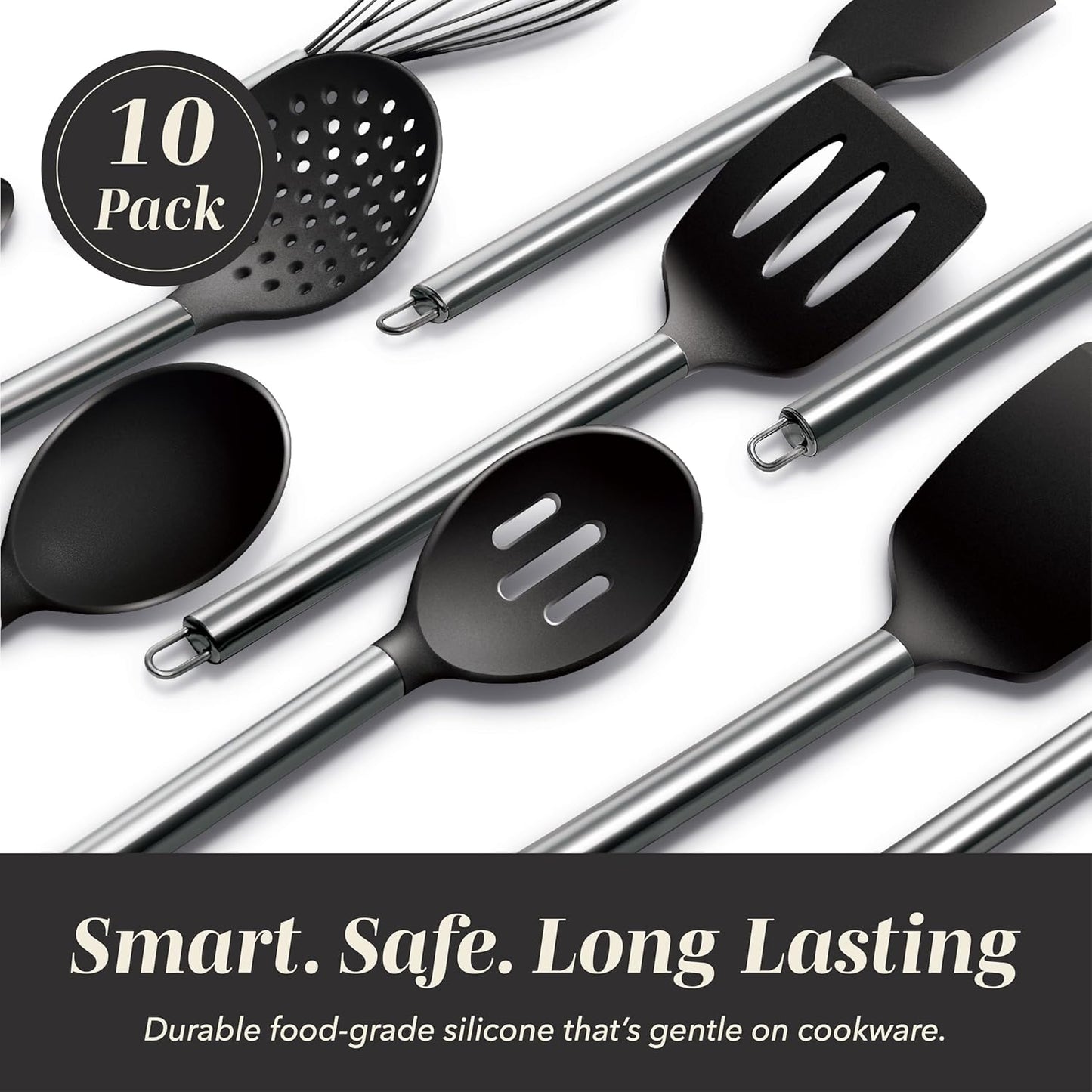 COOK WITH COLOR Silicone Cooking Utensils, Kitchen Utensil Set, Easy to Clean Silicone Kitchen Utensils, Cooking Utensils for Nonstick Cookware, Kitchen Gadgets Set, 10 Pieces, Green