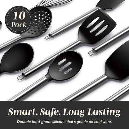 COOK WITH COLOR Silicone Cooking Utensils, Kitchen Utensil Set, Easy to Clean Silicone Kitchen Utensils, Cooking Utensils for Nonstick Cookware, Kitchen Gadgets Set, 10 Pieces, Green