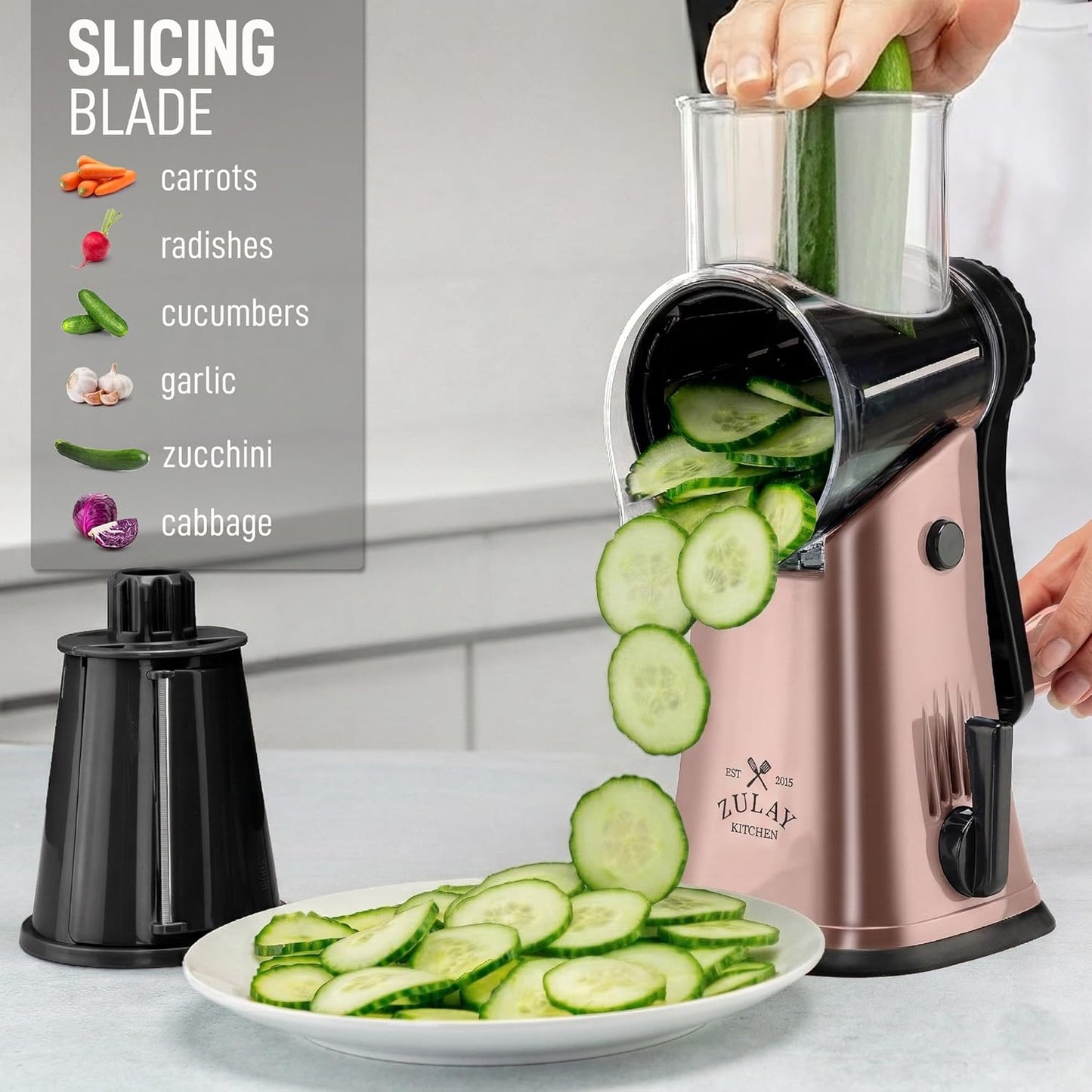 Zulay Kitchen Rotary Cheese Grater 5 Blade Cheese Shredder - Manual Hand Crank Cheese Grater With Reinforced Suction & 5 Interchangeable Drums - Easy to Use, Vegetable Chopper Round Mandoline Slicer - Colors A