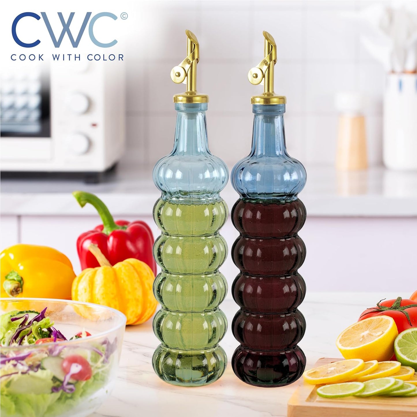 COOK WITH COLOR Glass Olive Oil Bottle Dispenser - 2 Pack- 17oz Oil and Vinegar Cruet - Olive Oil Carafe Decanter for Kitchen, Elegant Waves, Clear