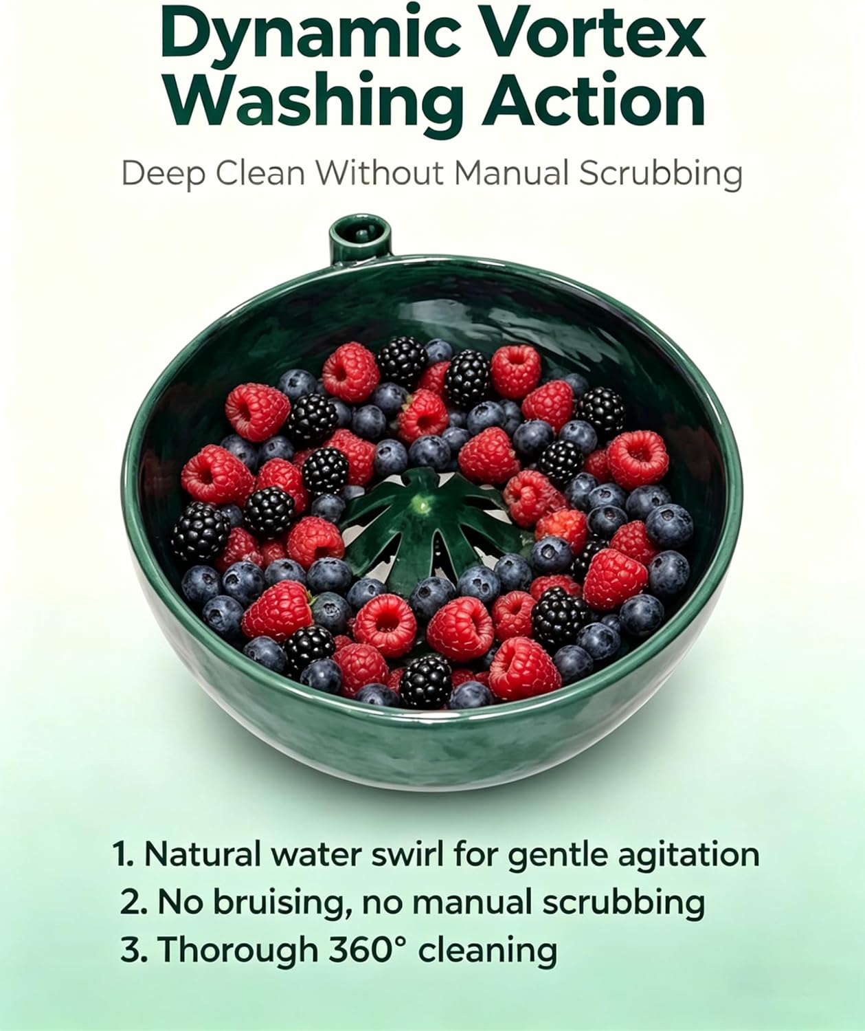Swirling Berry Washing Bowl, Self-Spinning Fruit & Vegetable Washer with Drain, 360° Vortex Cleaning, Rapid Wash Multipurpose Kitchen Colander, Ideal Gift for Fruit Lovers (Green)