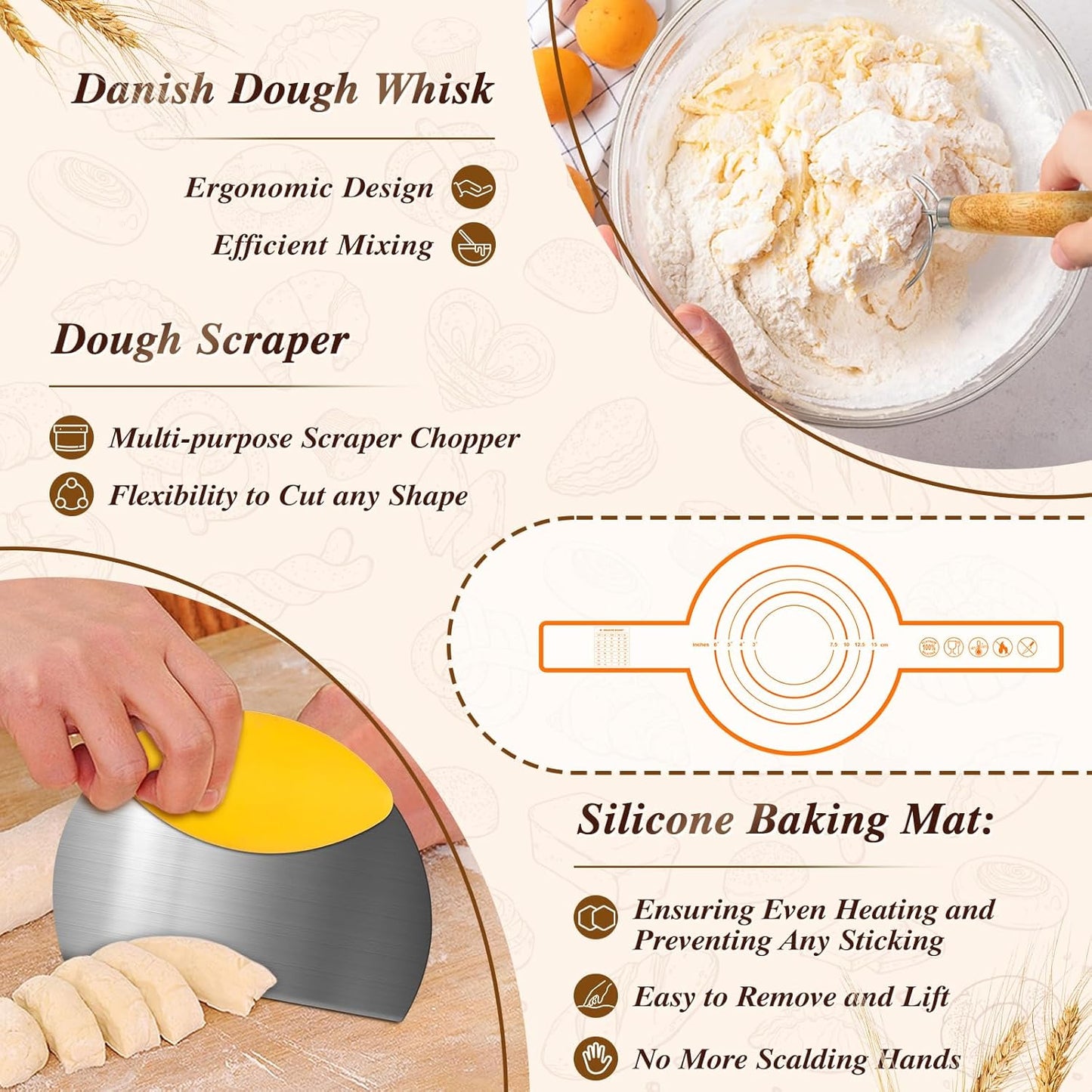 Banneton Basket Set of 2, 10" Oval & 9.7" Round Banneton Bread Proofing Basket with Liners, Bread Lame, Silicone Baking Mat, Danish Whisk, Brush, Proofing Bowls Sourdough Starter Kit Tools
