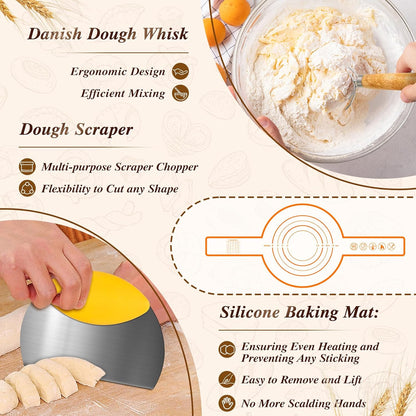 Banneton Basket Set of 2, 10" Oval & 9.7" Round Banneton Bread Proofing Basket with Liners, Bread Lame, Silicone Baking Mat, Danish Whisk, Brush, Proofing Bowls Sourdough Starter Kit Tools