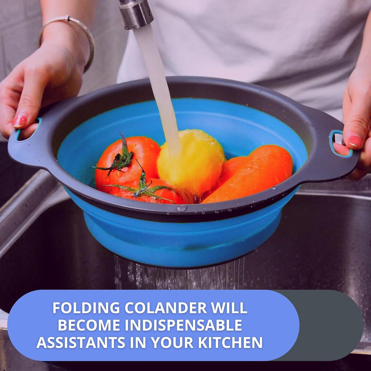 Green Kitchen Strainer Colander Set - 2 PCS Multifunctional Colander Silicone Food Strainers for Kitchen for Pasta and Spaghetti Collapsible with Plastic Handles