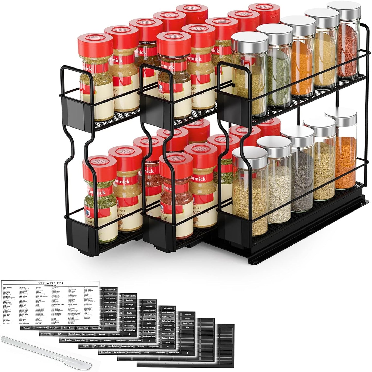 SpaceAid Pull Out Spice Rack Organizer for Cabinet, Heavy Duty Slide Out Seasoning Kitchen Organizer, Cabinet Organizer, with Labels, 5.2" W x10.75 D x10 H, 2 Drawers 2-Tier