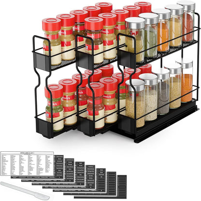 SpaceAid Pull Out Spice Rack Organizer for Cabinet, Heavy Duty Slide Out Seasoning Kitchen Organizer, Cabinet Organizer, with Labels, 5.2" W x10.75 D x10 H, 2 Drawers 2-Tier