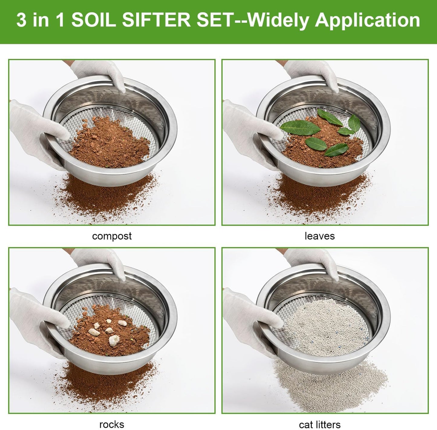 Soil Sieve Sifter Set Stainless Steel,Garden Sieve Set with 3 Interchangeable Mesh 1,3,5mm,Sifting Screen for Dirt, Sand, Rock, Filtration, Compost, with Soil Scoops Gardening Tool