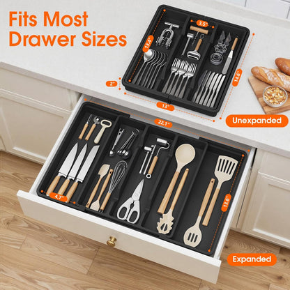 Large Silverware Organizer, Expandable Utensil Drawer Organizer for Kitchen Drawers, Kitchen Drawer Organizer for Spoons/Forks/Knives, Multipurpose & BPA Free Cutlery Tray, Black, 1 Pack