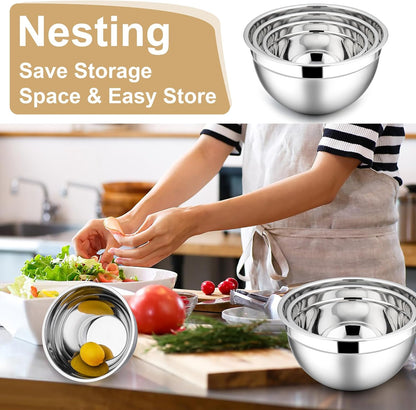 E-far Mixing Bowls with Lids, 6-Piece Stainless Steel Salad Bowls Metal Nesting Bowls for Baking Cooking and Prepping, Airtight Lids & Stackable Design, Size 4.5, 3, 1.5 QT (Black)