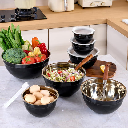 Red Mixing Bowls with Lids Set of 7, Stainless Steel Nesting Bowl with Khaki Lid for Non-slip Mixing Prepping Storing Serving, 7 Sizes-7/3.6/2.7/2.1/1.5/1/0.8 QT