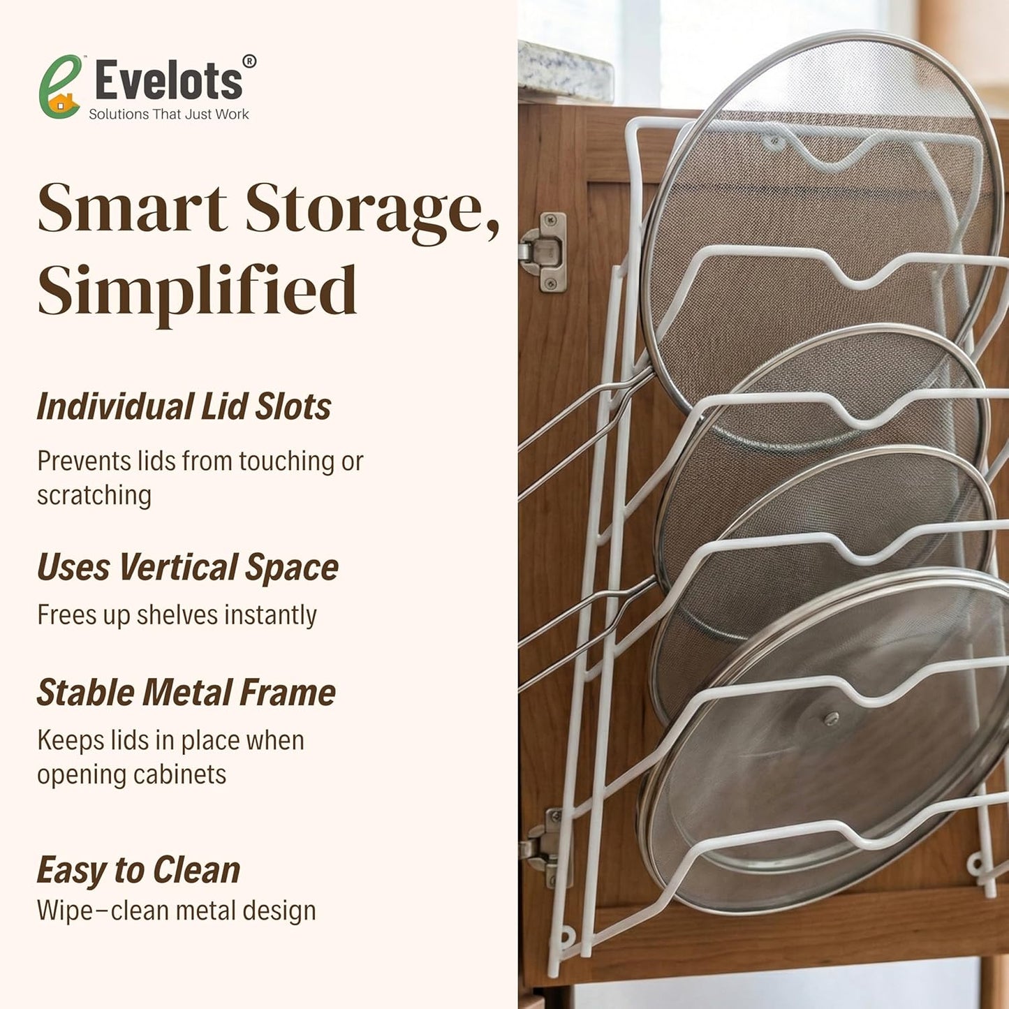 Evelots 6 Pot Lid Organizer for Cabinet Door or Pantry Wall - Closet Door Pots and Pans Lids Holder - Glass or Metal Pan Covers Cabinet Organizer Kitchen Storage - White 6 Tier Lid Rack