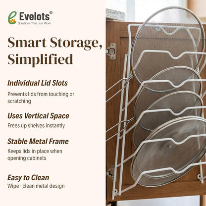 Evelots 6 Pot Lid Organizer for Cabinet Door or Pantry Wall - Closet Door Pots and Pans Lids Holder - Glass or Metal Pan Covers Cabinet Organizer Kitchen Storage - White 6 Tier Lid Rack