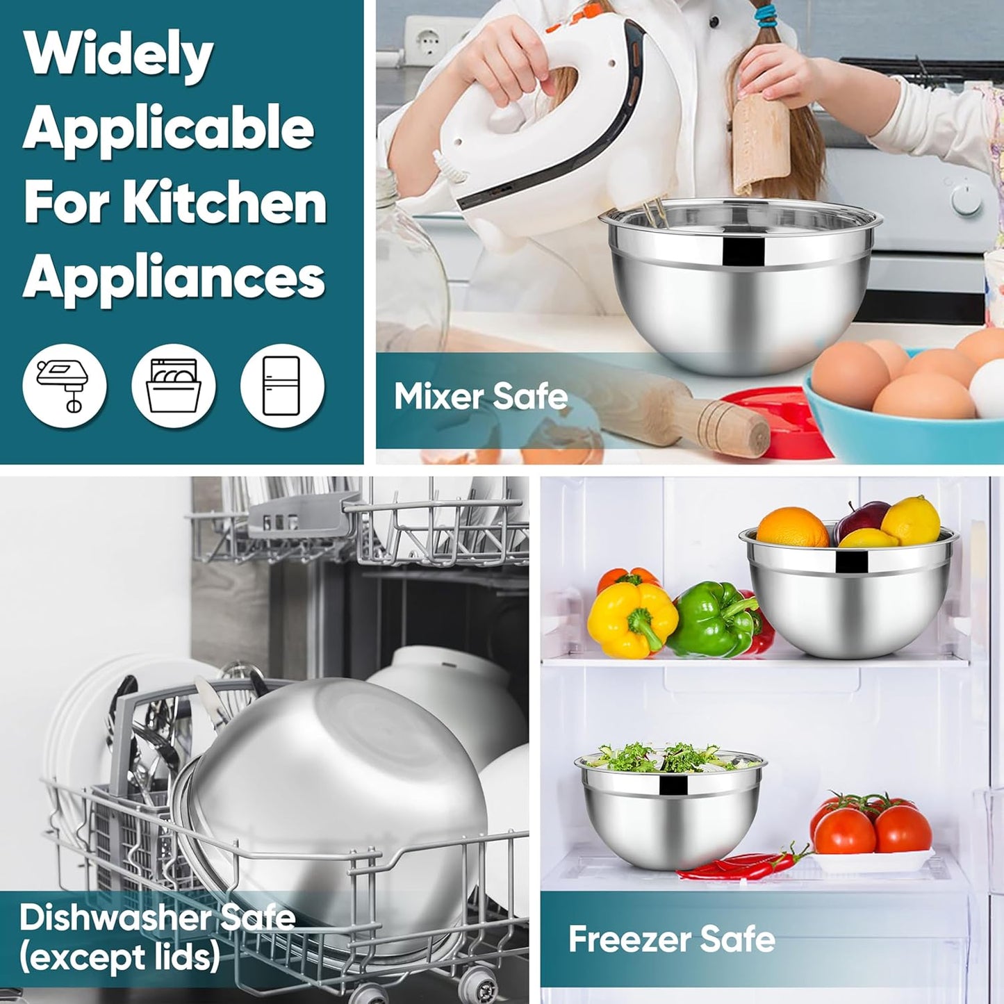 TeamFar Mixing Bowls with Lids, 5-Piece Stainless Steel Metal Nesting Salad Bowl for Mixing Prepping, Healthy & Heavy Duty, Airtight Lids & Dishwasher Safe, 4.5/3/1.5/1/0.7 QT-Khaki