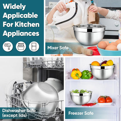 TeamFar Mixing Bowls with Lids, 5-Piece Stainless Steel Metal Nesting Salad Bowl for Mixing Prepping, Healthy & Heavy Duty, Airtight Lids & Dishwasher Safe, 4.5/3/1.5/1/0.7 QT-Khaki