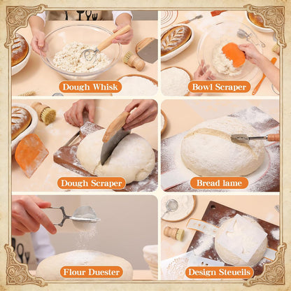 Sourdough Starter Kit for Beginners – Complete Sourdough Kit with Banneton Basket, Bread Lame with Blades, Starter Jar, Bread Stencil, Dough Scraper & Recipe Guide – Sourdough Bread Making Kit