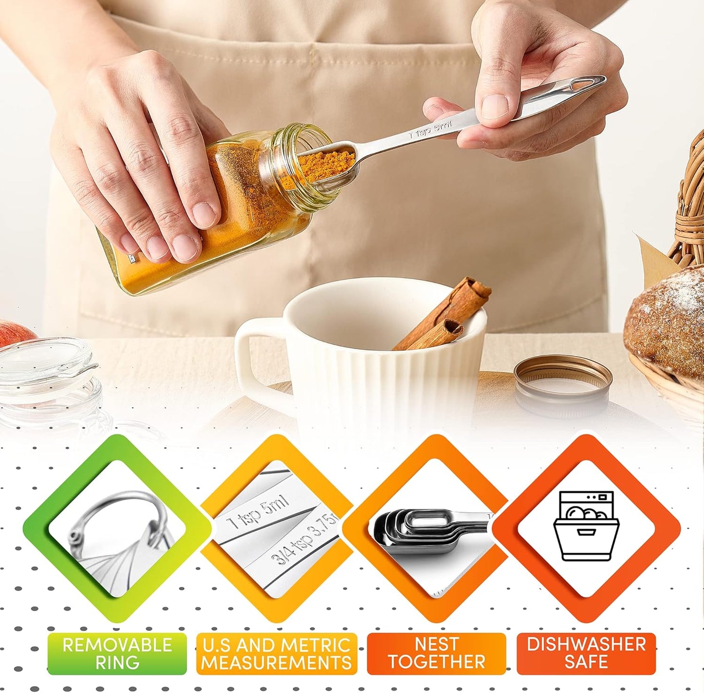 Spring Chef Stainless Steel Measuring Spoons Set of 7 with Leveler, Rectangular Metal Teaspoon & Tablespoon Measuring Spoons for Dry & Liquid Ingredients - Nesting Kitchen Gadgets For Baking & Cooking