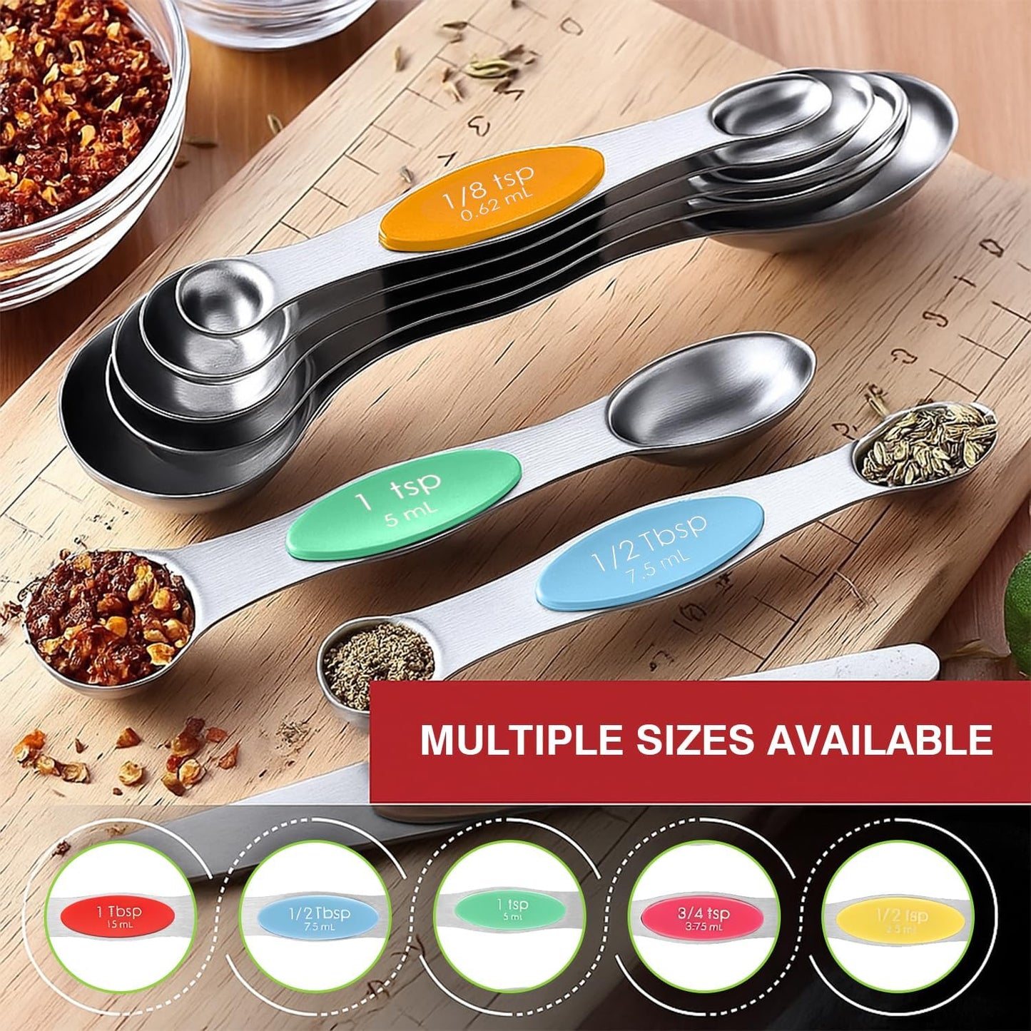 Magnetic Measuring Spoons Set with Strong N45 Magnets, Heavy Duty Stainless Steel Metal, Fits in Most Kitchen Spice Jars for Baking & Cooking, BPA Free, Set of 7 with Levelerl, Multicolour