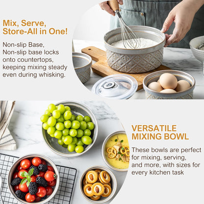 40 Oz Ramekins Ceramic Airtight Bowls Set of 4 - Large Mixing Bowls with Lids Set for Salad, Pho, Soup, Pasta, Dessert, Serving, Oatmeal, Baking Dishes, Dishwasher & Microwave Safe, Beige