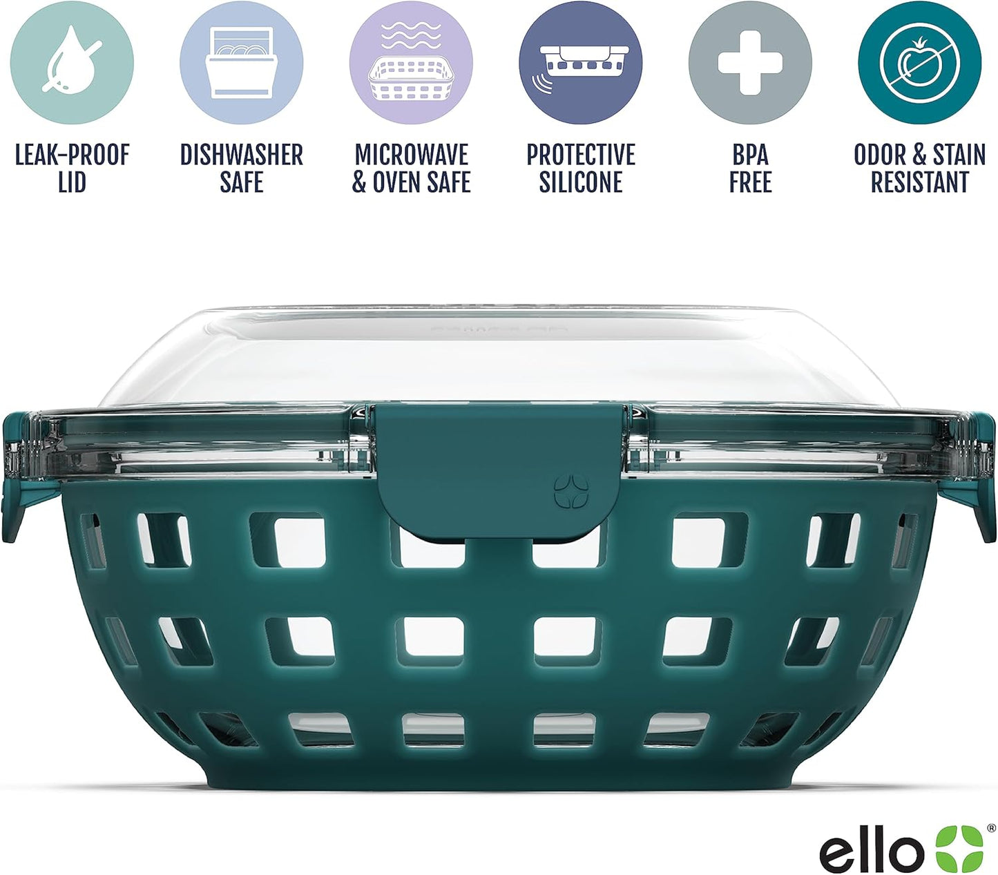 Ello DuraGlass Food Storage Glass Lunch Bowl - Meal Prep Container with Silicone Sleeve and Airtight Lid, 5 Cup, Yucca