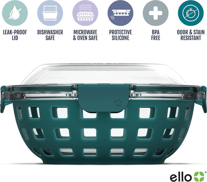 Ello DuraGlass Food Storage Glass Lunch Bowl - Meal Prep Container with Silicone Sleeve and Airtight Lid, 5 Cup, Yucca