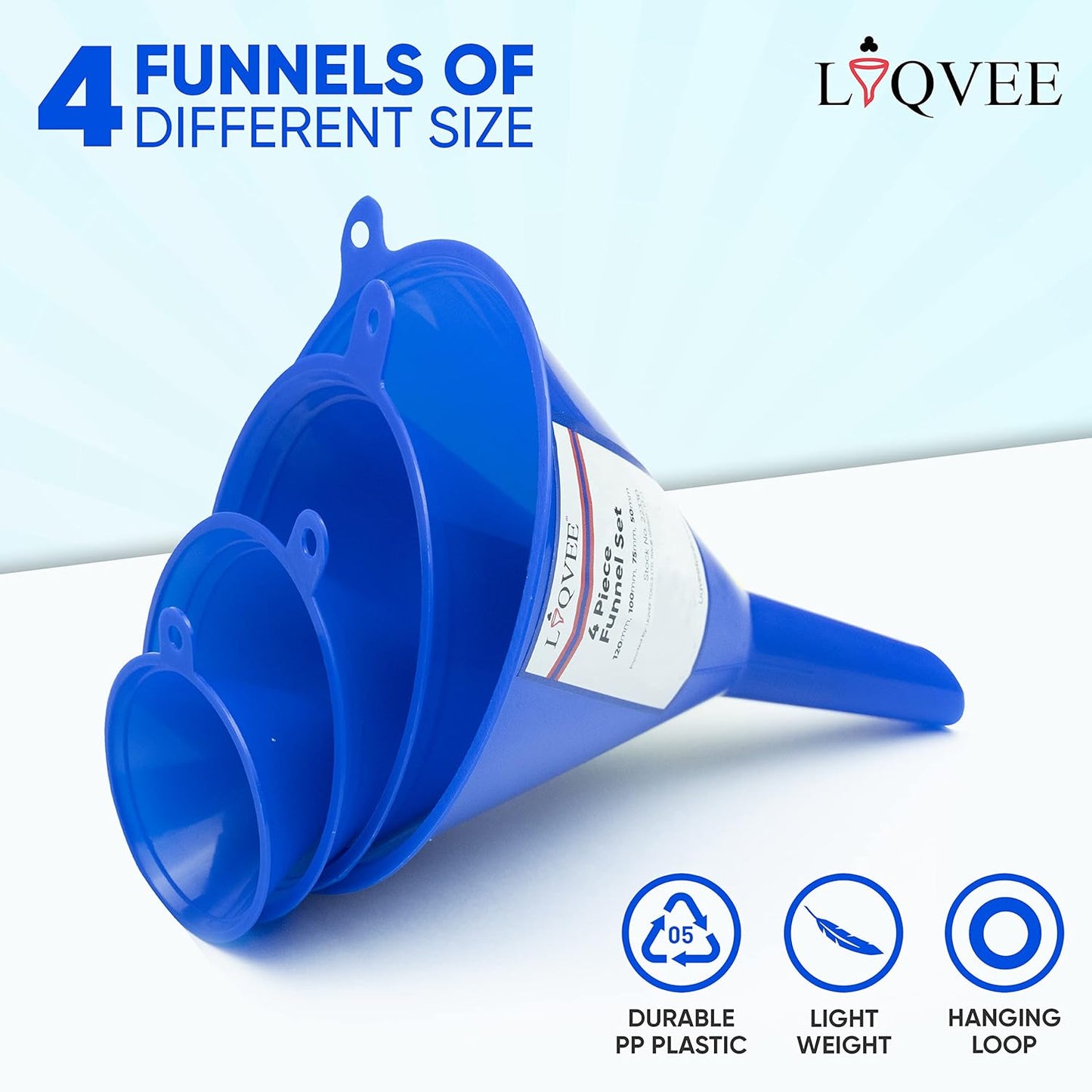LIQVEE™ Funnel Set (4 Sizes: 122, 101, 76, 50mm) - Durable, Non-Toxic, Food-Grade Plastic funnels for Filling Bottles and containers. Ideal for Kitchen, Garage, or Labs. Perfect for Precise Pouring.