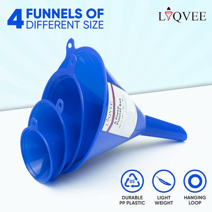 LIQVEE™ Funnel Set (4 Sizes: 122, 101, 76, 50mm) - Durable, Non-Toxic, Food-Grade Plastic funnels for Filling Bottles and containers. Ideal for Kitchen, Garage, or Labs. Perfect for Precise Pouring.