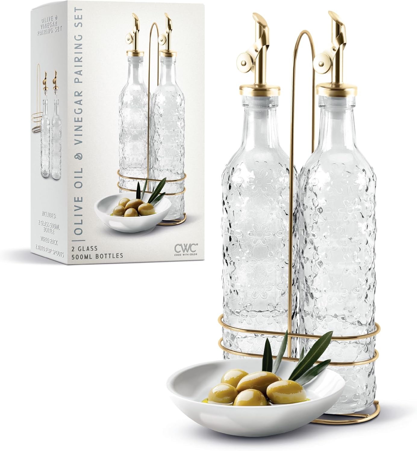 COOK WITH COLOR Glass Olive Oil Bottle Dispenser - 2 Pack- 17oz Oil and Vinegar Cruet - Olive Oil Carafe Decanter for Kitchen, Elegant Waves, Clear