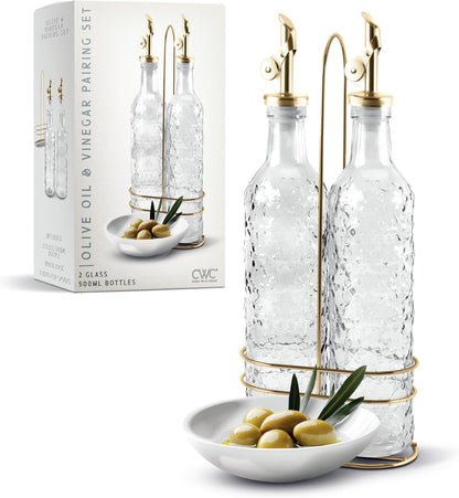 COOK WITH COLOR Glass Olive Oil Bottle Dispenser - 2 Pack- 17oz Oil and Vinegar Cruet - Olive Oil Carafe Decanter for Kitchen, Elegant Waves, Clear