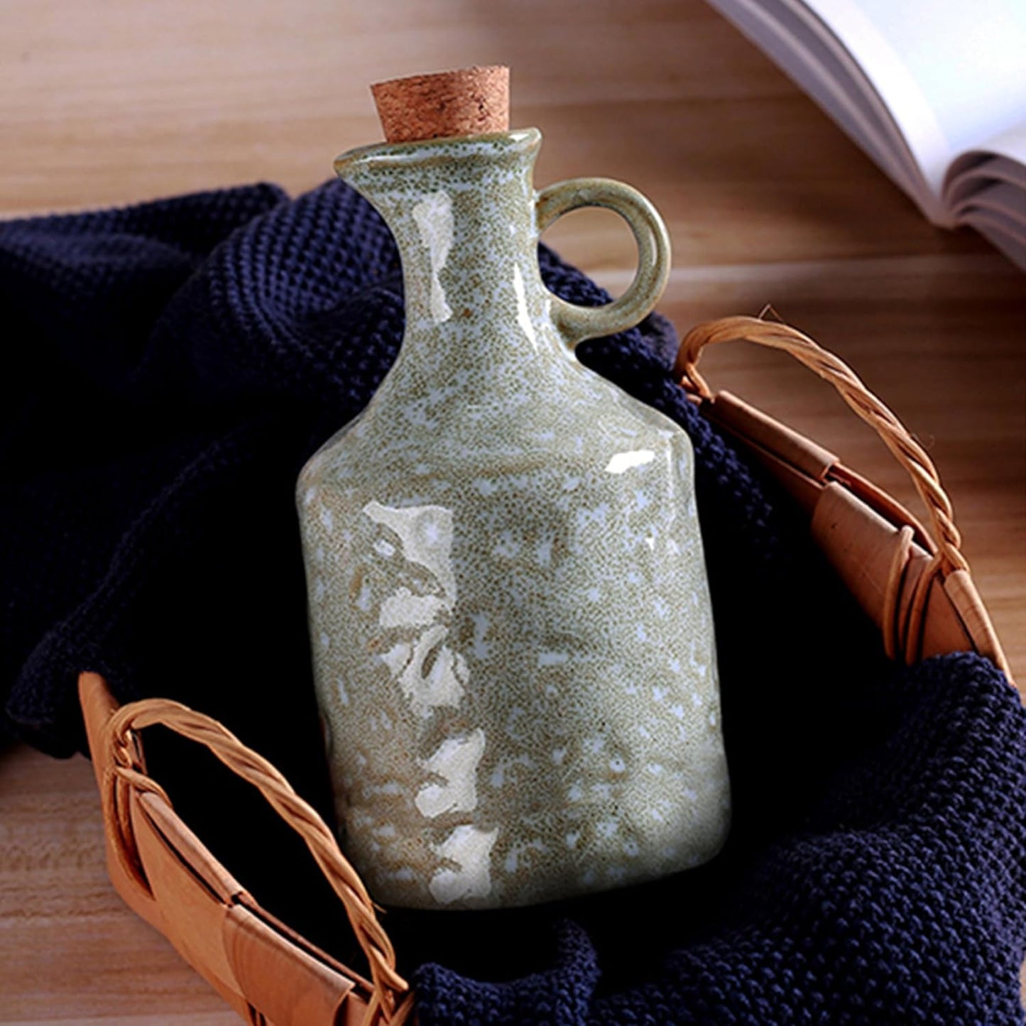 Ceramic Olive Oil Dispenser with Cork Stopper, Reactive Glaze Texture Oil Bottle, Leak - Proof Small Spout for Kitchen, Great for Storing Vinegar, Wine, Soy Sauce, Lemon Juice (GREEN)