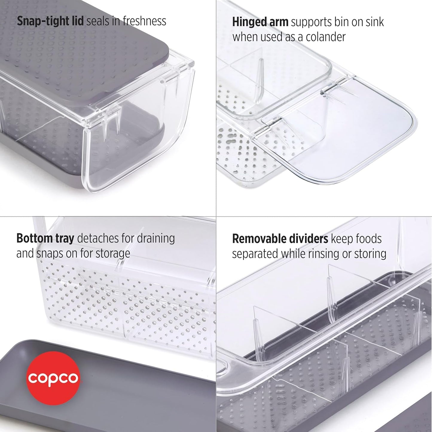 Copco Over the Sink Colander and Fridge Storage Bin with Folding Handle for Rinsing and Storing Fruits and Vegetables, Clear/Gray