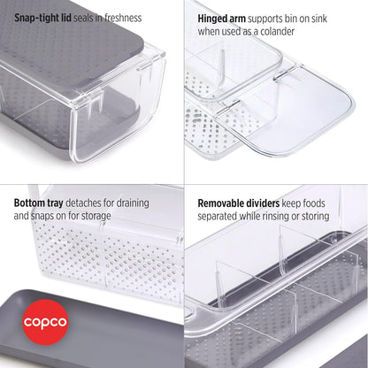 Copco Over the Sink Colander and Fridge Storage Bin with Folding Handle for Rinsing and Storing Fruits and Vegetables, Clear/Gray