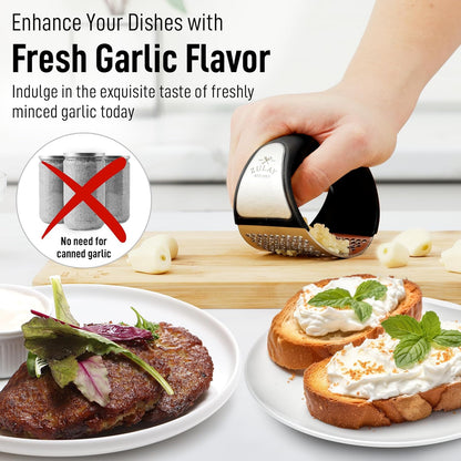 Zulay Stainless Steel Garlic Press Rocker Set - Premium Garlic Mincer Garlic Crusher - New Innovative Garlic Crusher with Peeler and Scraper - Comfortable Grip (DeepBlack)