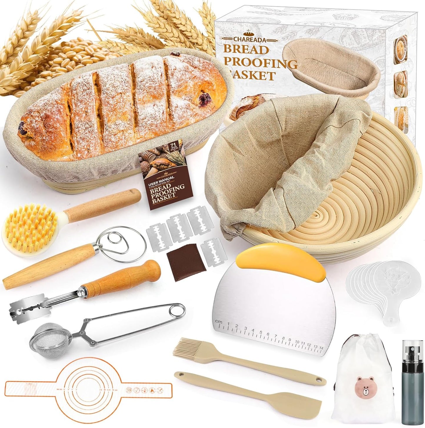 Banneton Bread Proofing Basket, Sourdough Bread Baking Supplies Kit, 10" Oval & 9" Round Banneton Baskets, Sourdough Basket Starter Set with Brush, Oil Can, Dough Whisk, Sling