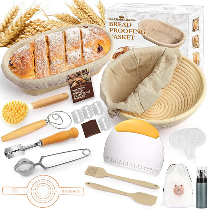 Banneton Bread Proofing Basket, Sourdough Bread Baking Supplies Kit, 10" Oval & 9" Round Banneton Baskets, Sourdough Basket Starter Set with Brush, Oil Can, Dough Whisk, Sling