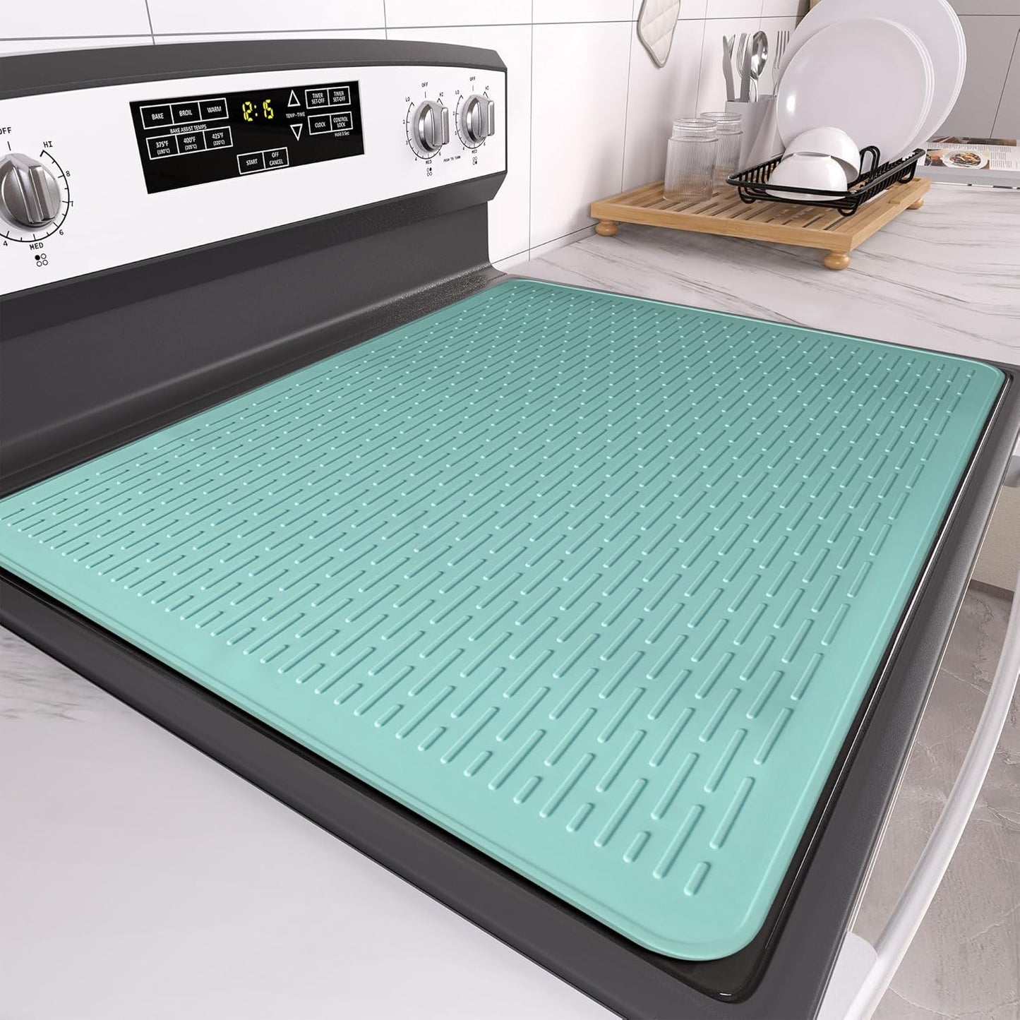 Stove Top Cover for Electric Stove- Range Covers for Electric Stove,Silicone XXL Dish Drying Mat, Glass Cooktop Covers, Flat RV Range top Mats (Black, 28"x20")