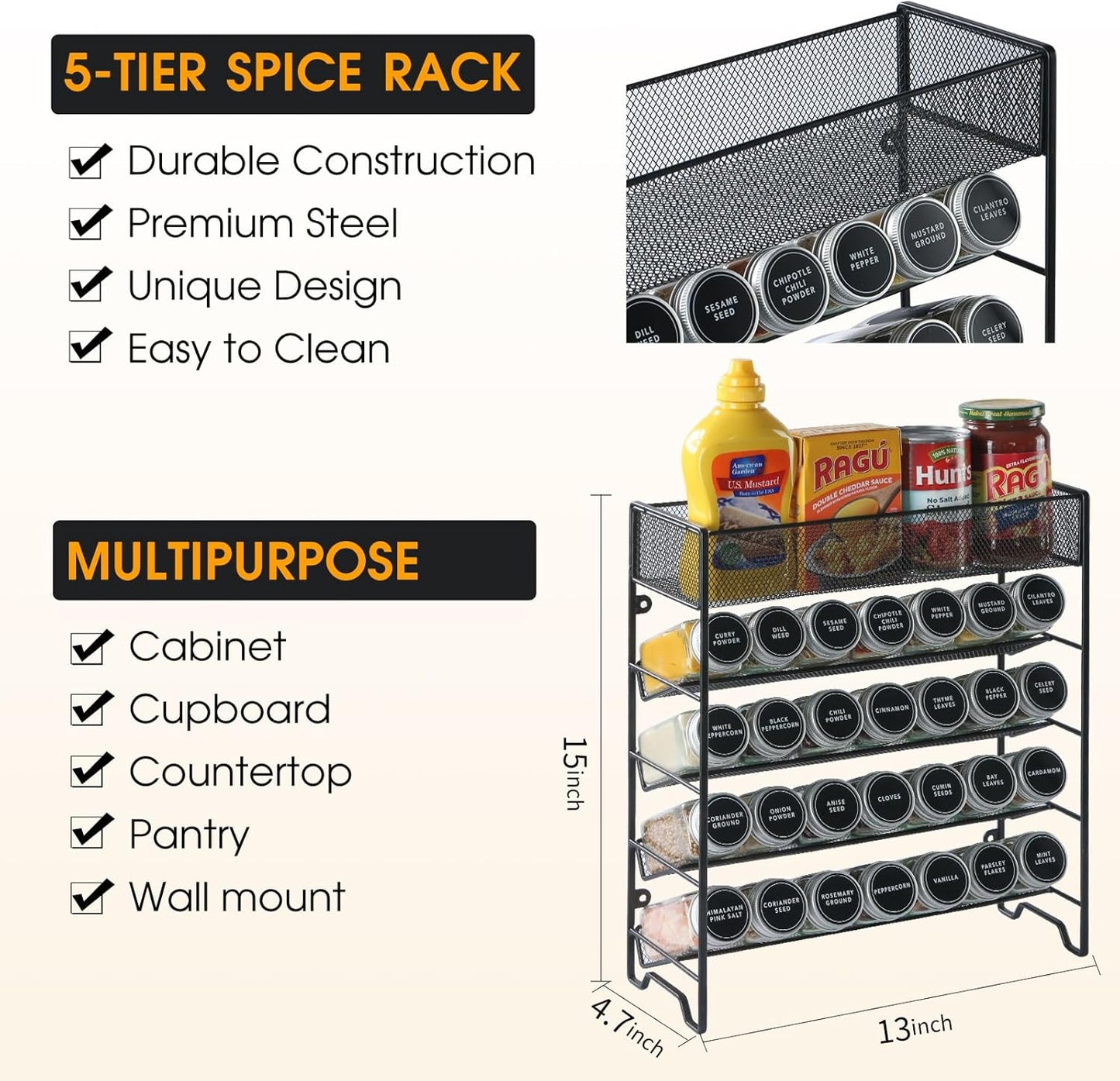 Skiileor Spice Rack Organizer with 28 Spice Jars, Black Lids，Spice Labels, Chalk pen and Funnel Set for Cabinet, Countertop, Pantry, Cupboard or Wall Mount